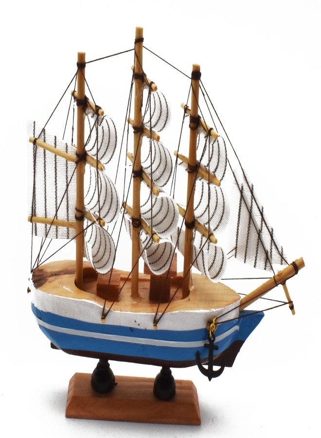Justhandmade Miniature Sailboat Model Ship Tabletop Decorative Ornament for Ocean Theme Home Decorative Wooden Sailing Ship Showpiece (Blue) - Image 1